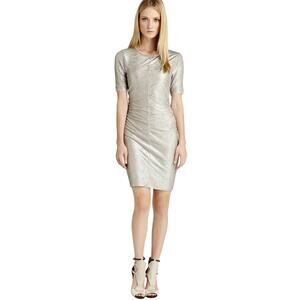 REISS Women's Abellia Metallic Bodycon Dress ruched side beige size 2US 6UK